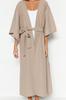 Women's Fashion New Kimono&Kaftan Green Belted Maxi Woven Linen Look KimonoKaftan