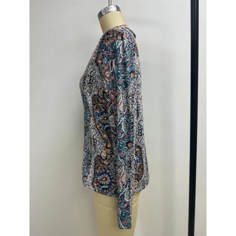 Плюс Размер Женский Новый Осенний Печатный V-образный Вырез Длинные Рукава Топ