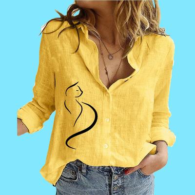 Женская модная блузка с длинным рукавом, женская стойка с принтом, повседневная рубашка из хлопка и льна на пуговицах