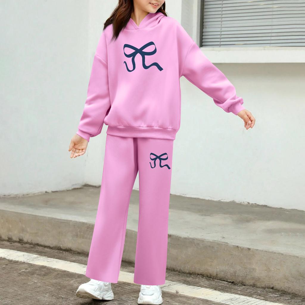 Kids' Plush Long Sleeve Long Pants Loose Pullover Bow Print Hoodie Set