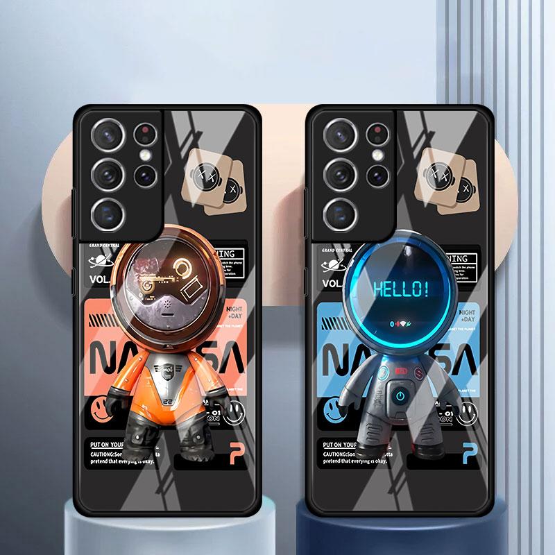 Стеклянный чехол для телефона для Samsung Galaxy S22 S21 S20 Ultra FE S9 S10 S8 Plus Note 20 10 Lite 9 8 Чехол Coque Милая голова Мини-астронавт