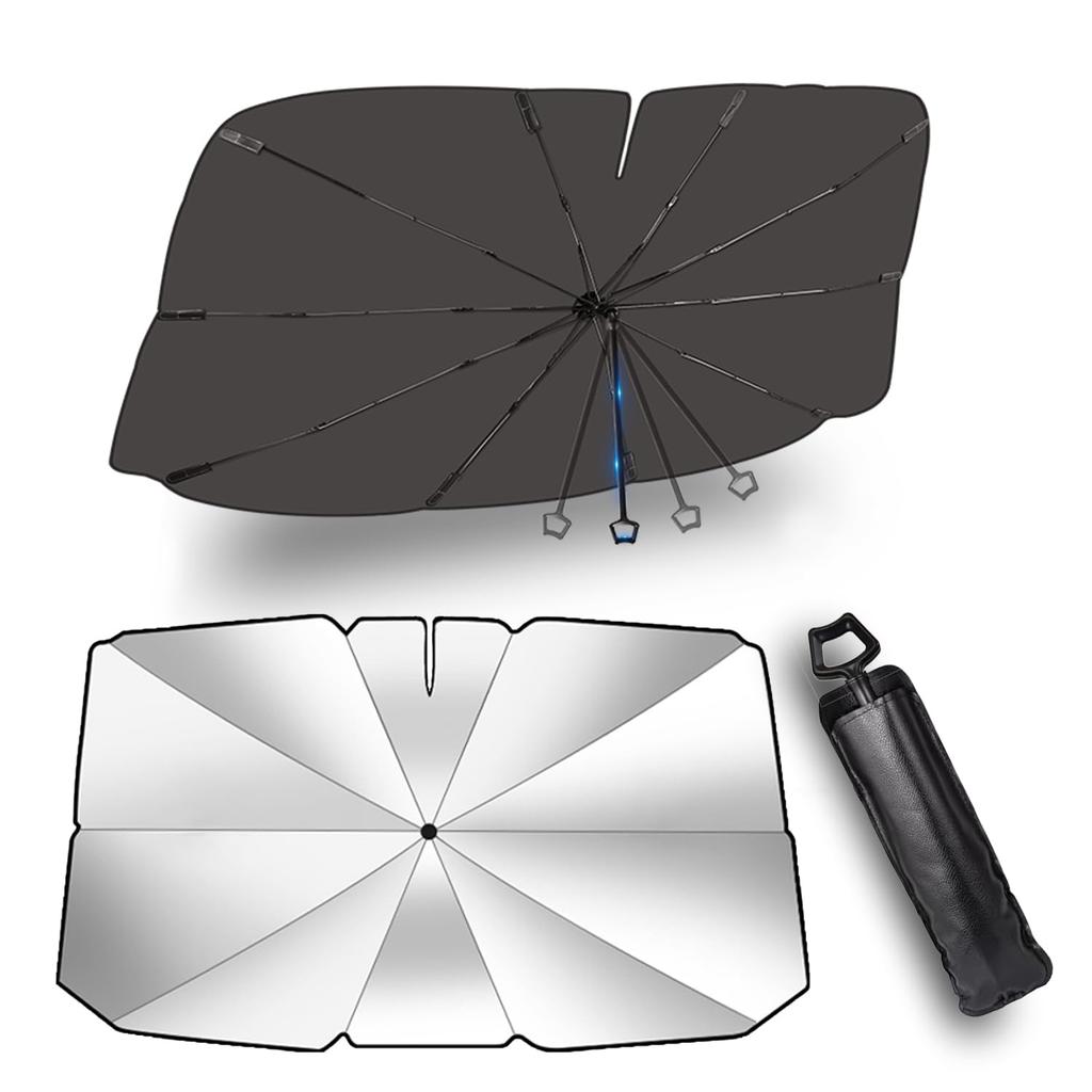 Car Front Sunshade Improved Flexible Center Rod and Ten Reinforced Car Sunshade with Fiberglass Design with Rearview Mirror Light Heat UV Car Front