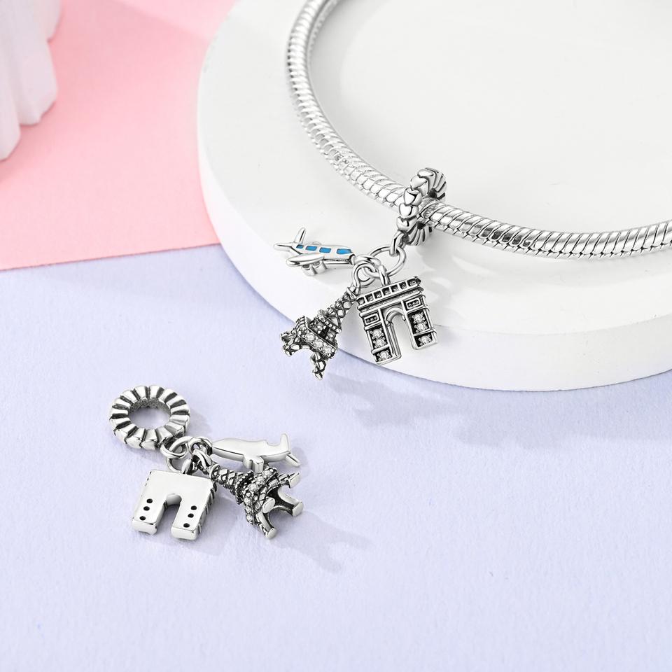 MULA 925 Silver Eiffel Tower Pendant Bead Original Travel Charms for Children's Bracelet Making Jewelry Gift with Zircon