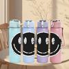 1PC Simple Black Smiley Circle Face Print 750ml Color Plastic Sports Water Bottle Leakproof Flip Straw Lid Suitable for Sports Office Home Use