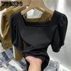 WTEMPO Retro Puff Sleeve Square Collar Short Sleeve T-Shirts Women's Summer Casual Solid Shirts Streetwear