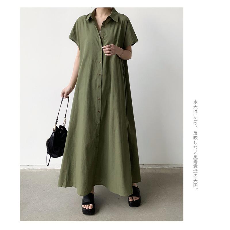 Юбка с коротким рукавом Конопляное платье Женское свободное повседневное платье-рубашка с лацканами