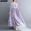 Льняное летнее платье больших размеров, пляжный сарафан, повседневная фиолетовая женская одежда с цветочным принтом