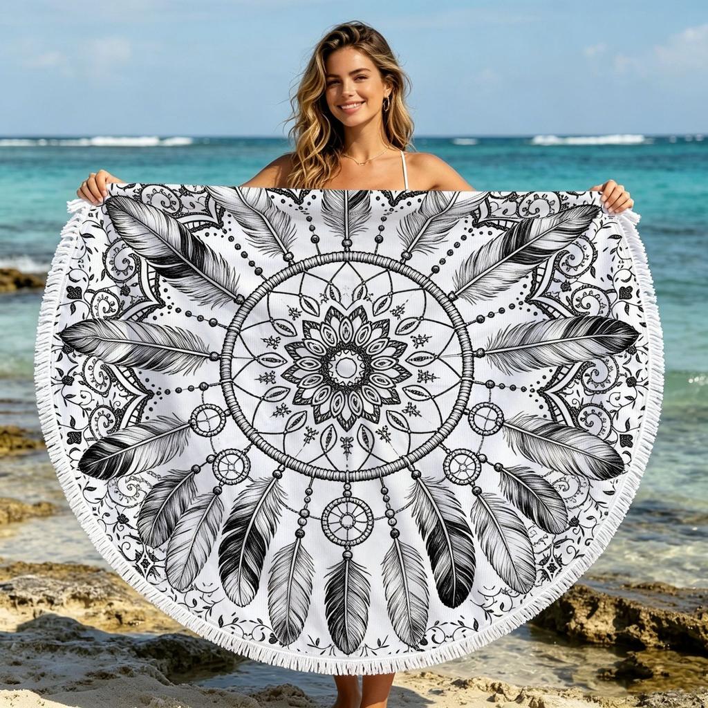 Customized Digital Printing Large Bohemian Floral Terry Microfiber Knitted Round Beach Towel for Summer Home Use