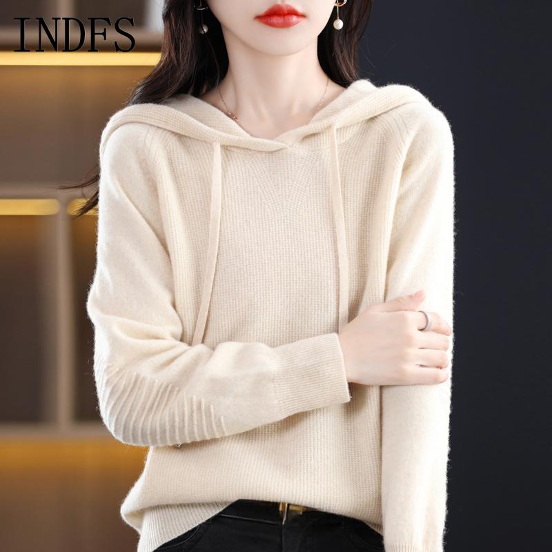 INDFS Женская мода повседневная осень-зима однотонный принт длинный рукав с капюшоном свитера