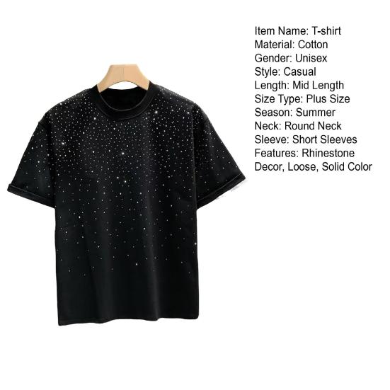 Летняя футболка для пар со стразами, круглый вырез, большие размеры, с короткими рукавами, свободный пуловер, однотонный повседневный топ унисекс средней длины