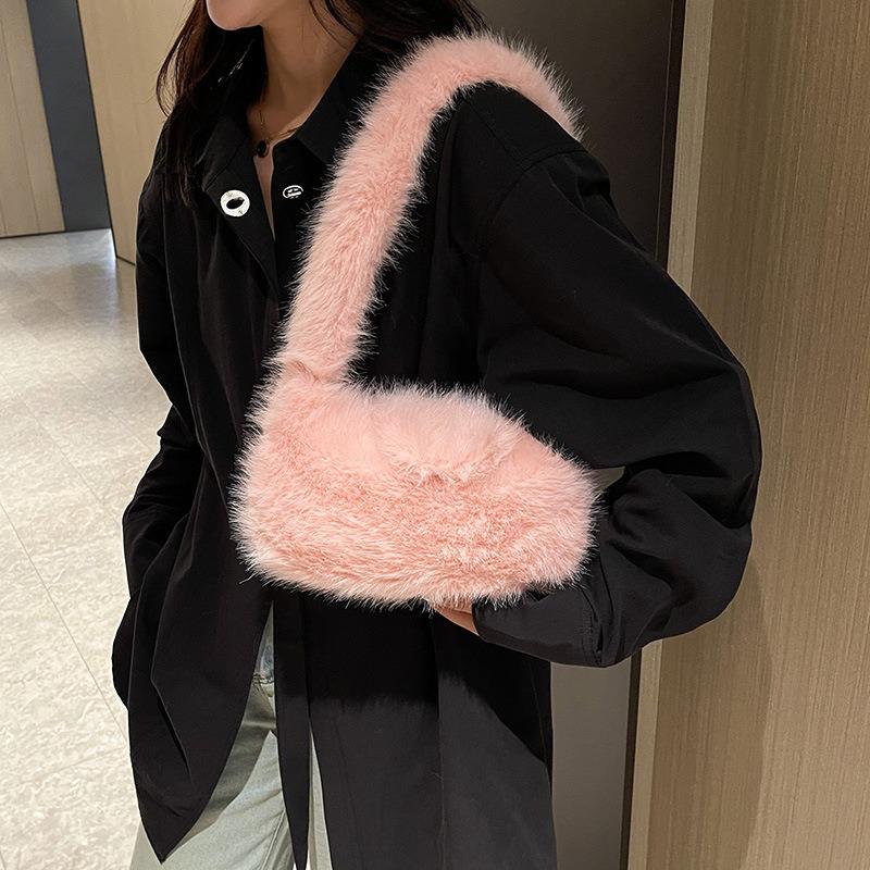 New Autumn and Winter Plush Bag Women's Large-capacity Commuter Bag College Student Fluffy Casual Shoulder Tote Bag