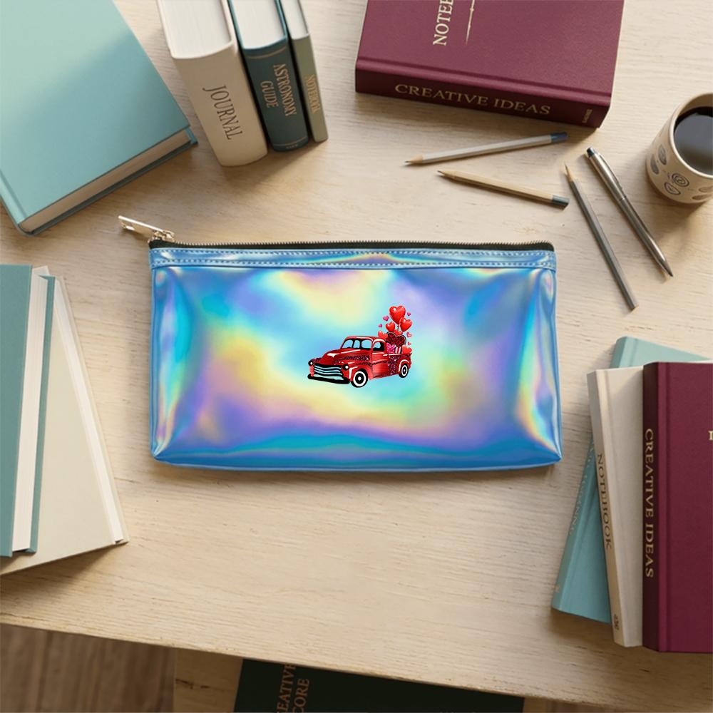 Vintage Red Truck with Heart Balloons Print Laser Cosmetic Makeup BagShiny Toiletry Organizer for Romantic Gift Travel Accessory