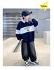 Children's Korean retro contrasting polo collar sweatshirt with cotton fabric for boys in spring and autumn, long sleeved pullover sweater
