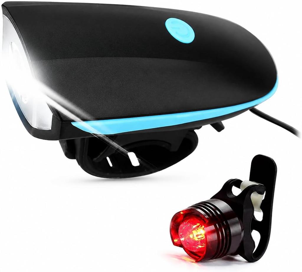 Bike Light Set USB Rechargeable, 240LM IPX4 Waterproof LED Headlight with 120dB Horn, 180° Taillight, 3 Light Modes, 1200mAh Battery, Easy Install