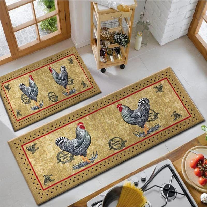 Colorful Rooster Pattern Kitchen Mat Set 2PCS Non Slip Floor Rug Farmhouse Decor with Soft Washable Long Rectangular Rugs