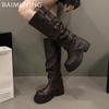 Chunky Platform Women High Boots Designer Buckle Mid Heels Leather Shoes  Trend Winter Fad Knee High Motorcycle Botas Mujer