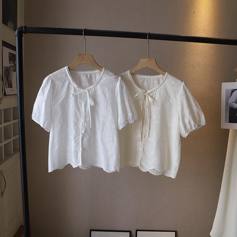 Корейская кружевная жаккардовая рубашка с рукавами-пузырями и завязками для женщин - Коллекция Лето 2025