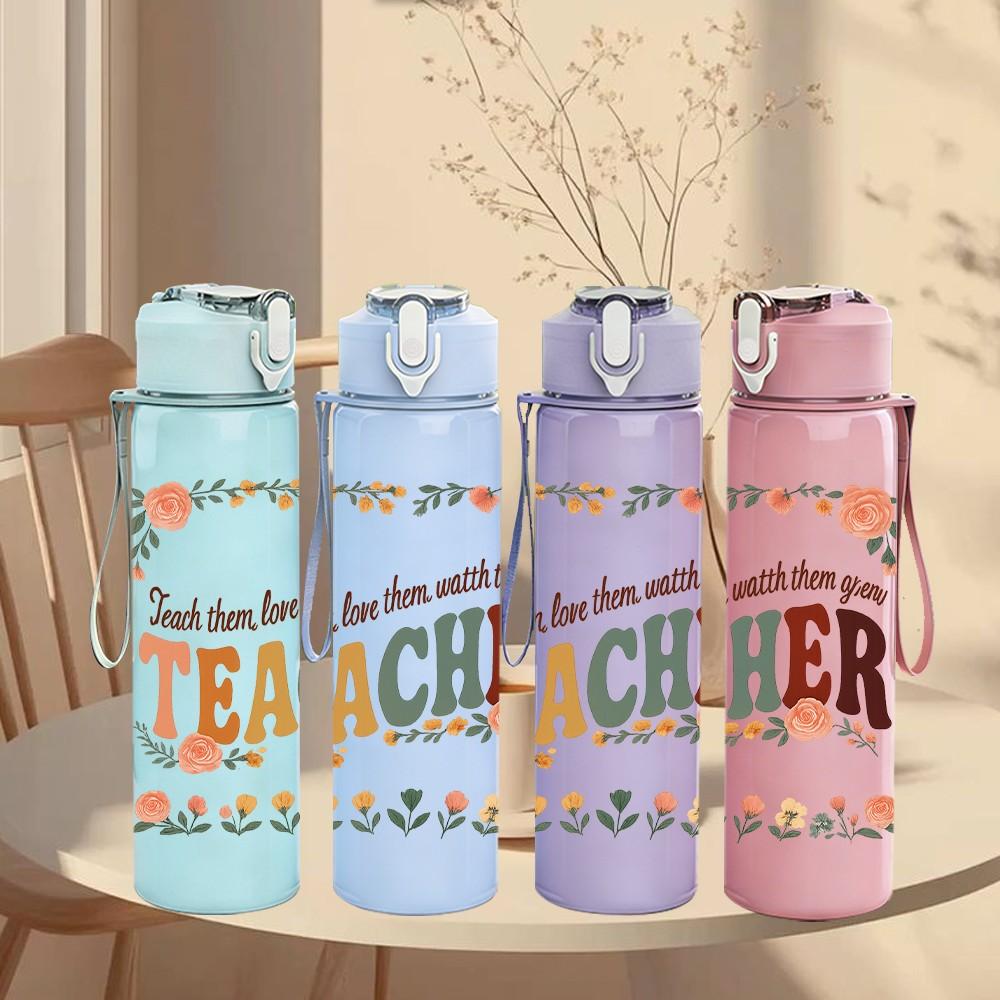 1PC Wildflower Teacher Letter Print 750ml Color Plastic Sports Water Bottle Leakproof Flip Straw Lid Suitable for Sports Office Home Use
