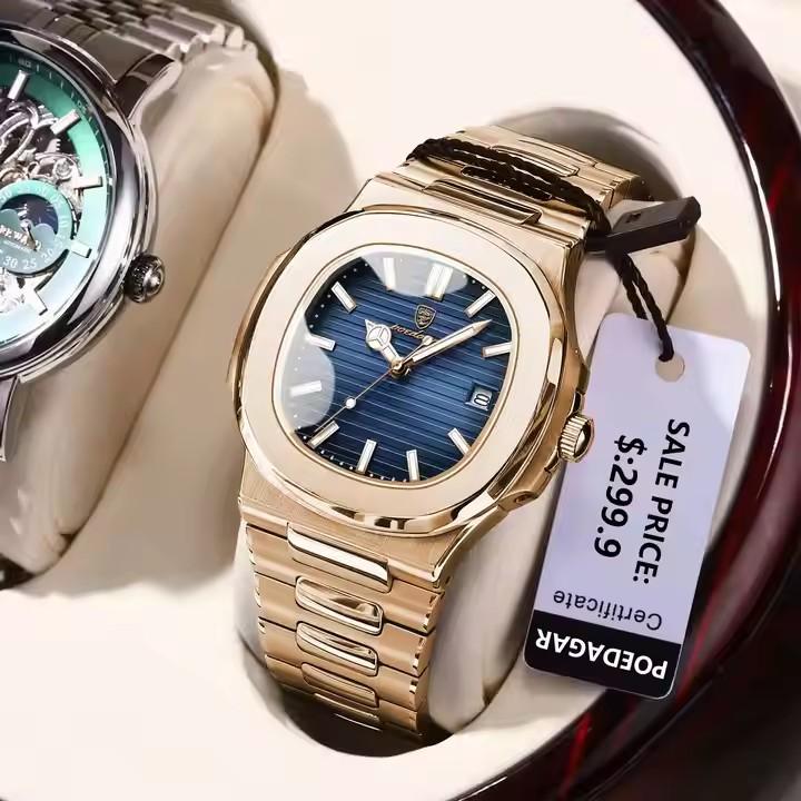 POEDAGAR 613 Luxury Casual Watch Fashion Square Dial Stainless Steel Calendar Luminous Waterproof Men Watch for Male Reloj Clock