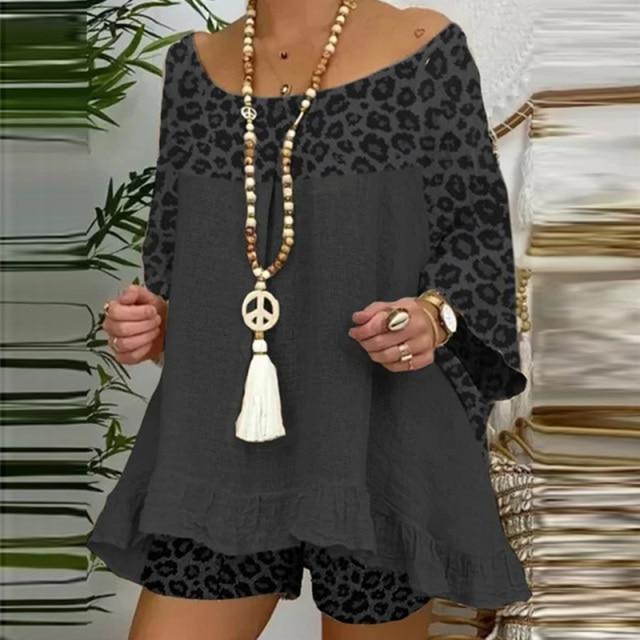 Летний винтажный леопардовый лоскутный комплект одежды, хлопково-льняная рубашка, топы и свободные шорты, костюм, повседневный женский комплект из двух предметов с рукавами 3/4