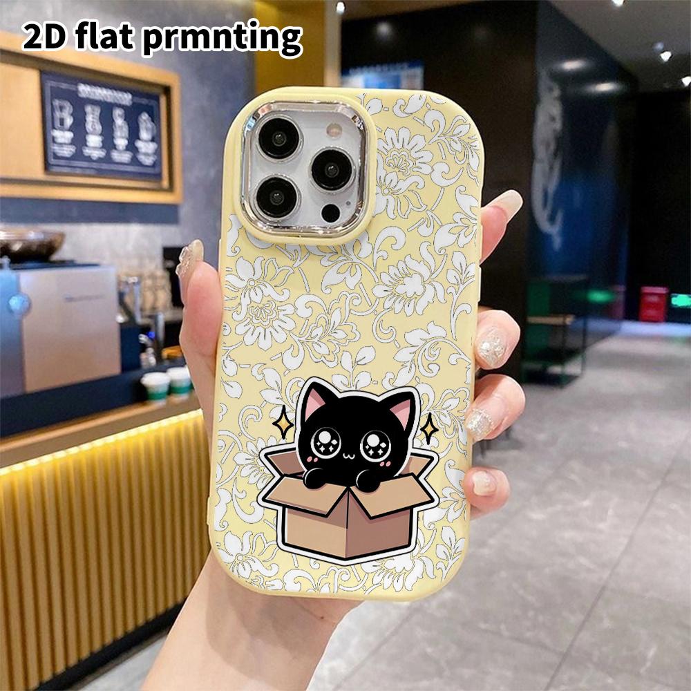 Phone Case: 2D flat design suitable for iPhone 18 17 16 15 14 13 Pro protective case, couple style, little black cat on cardboard, Christmas and Hallo