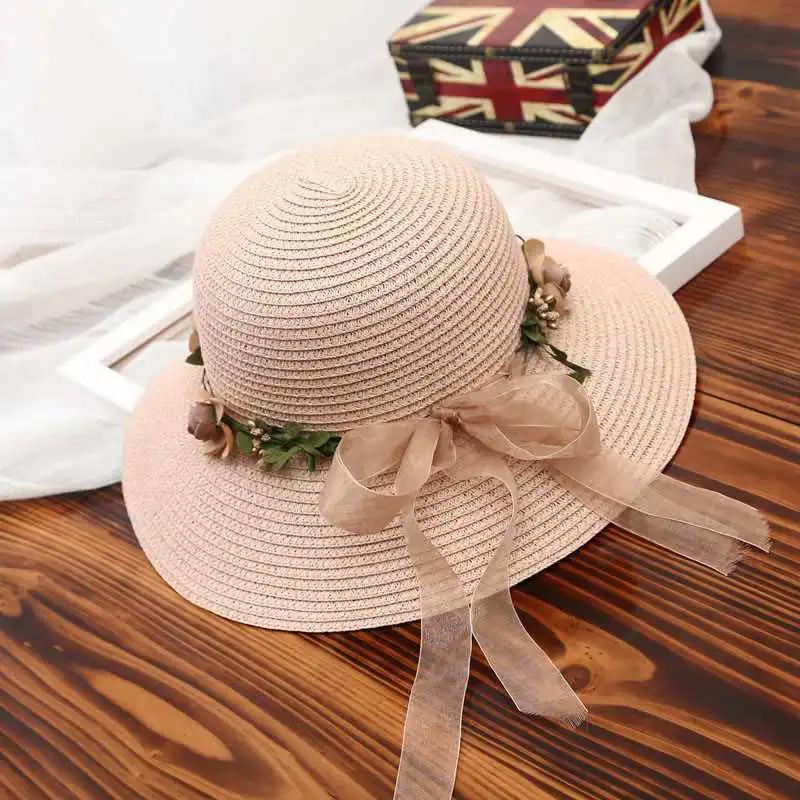 WTEMPO Women's Solid Color Beach Summer Sunscreen Hats Elegant Mesh Bow Foldable Beach Flower Wreath Sun Hats