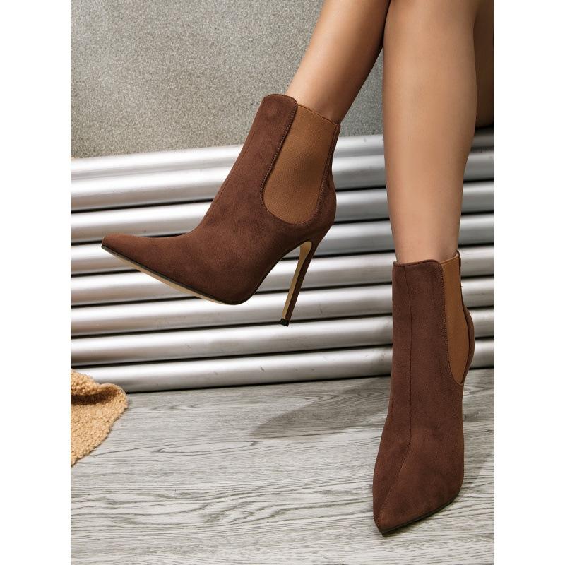 Модные новые ботильоны с острым носком на тонком высоком каблуке для женщин 2024 года, зимние ботинки из искусственной замши, сексуальные ботинки челси для женщин, уличные ботинки Altas