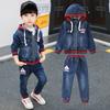 Тонкий джинсовый костюм на весну и осень для мальчиков, уличный ветрозащитный костюм, джинсовая куртка с капюшоном + джинсовые брюки, комплект из 2 предметов