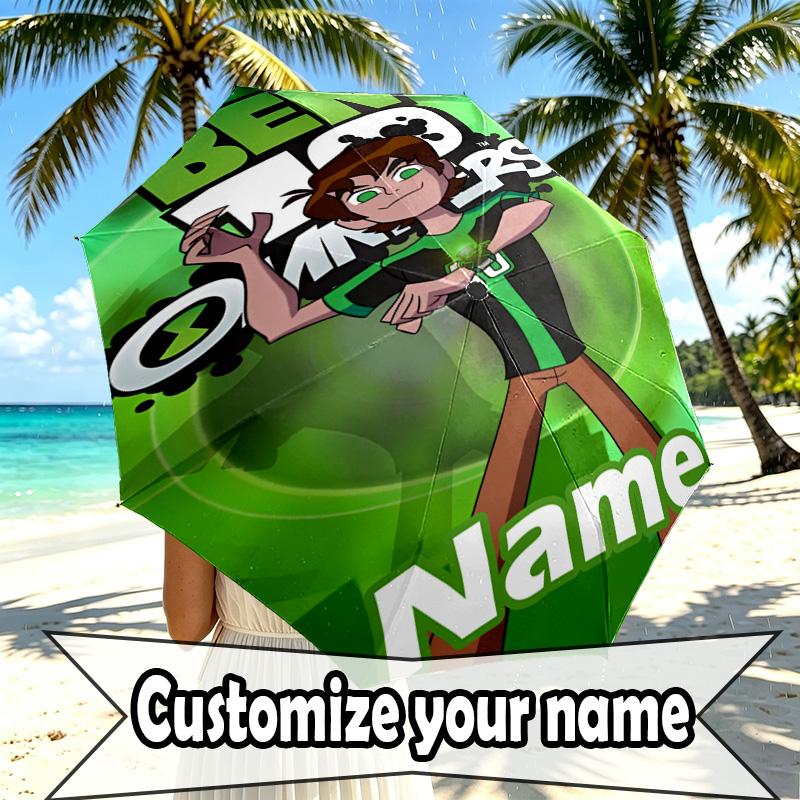 Custom Name Personalized Ben 10 Cartoon Print Umbrella, Auto Open Close, 8‑Rib Sturdy Frame, Commute Camping Hiking Use, Birthday Gift