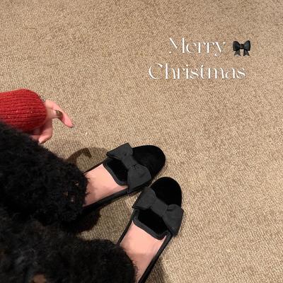 Версия из овчины~ Рождественская девочка, бархатные балетки с бантом Амиу, ленивые женские туфли