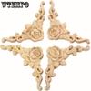 4Pcs Wood Appliques Onlays for Furniture, Handmade Carved Unpainted Corner Decoration for Home Wall Door Bed Cabinet Cupboard Retro Rose Pattern