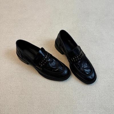 Версия из мягкой кожи~ универсальные для通勤, ретро, с легким вырезом, круглым носком, на толстом каблуке, лоферы, повседневные, на одной педали, маленькие кожаные туфли, женские туфли