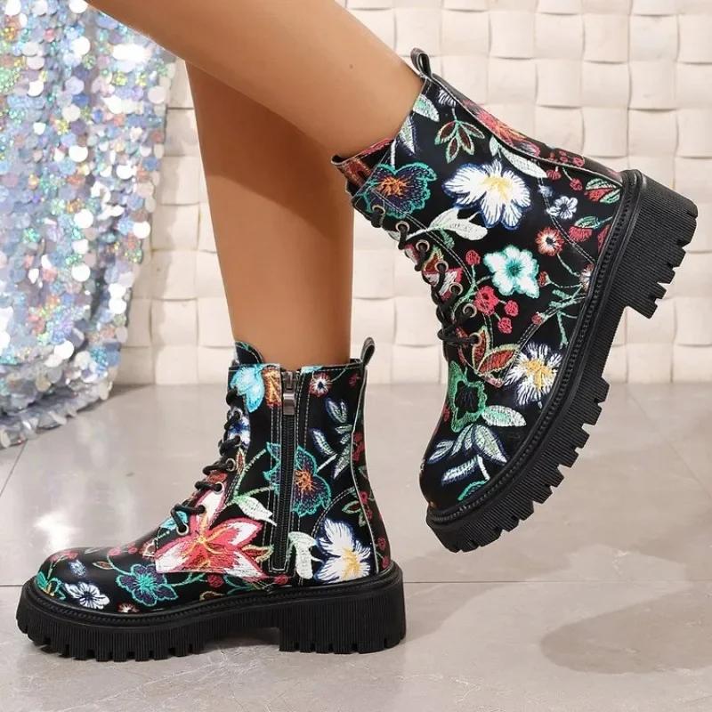 2025 осень зима новый стиль PU кожаный принт шнуровка короткие ботинки панк стиль платформы женские квадратный каблук круглый носок ботильоны