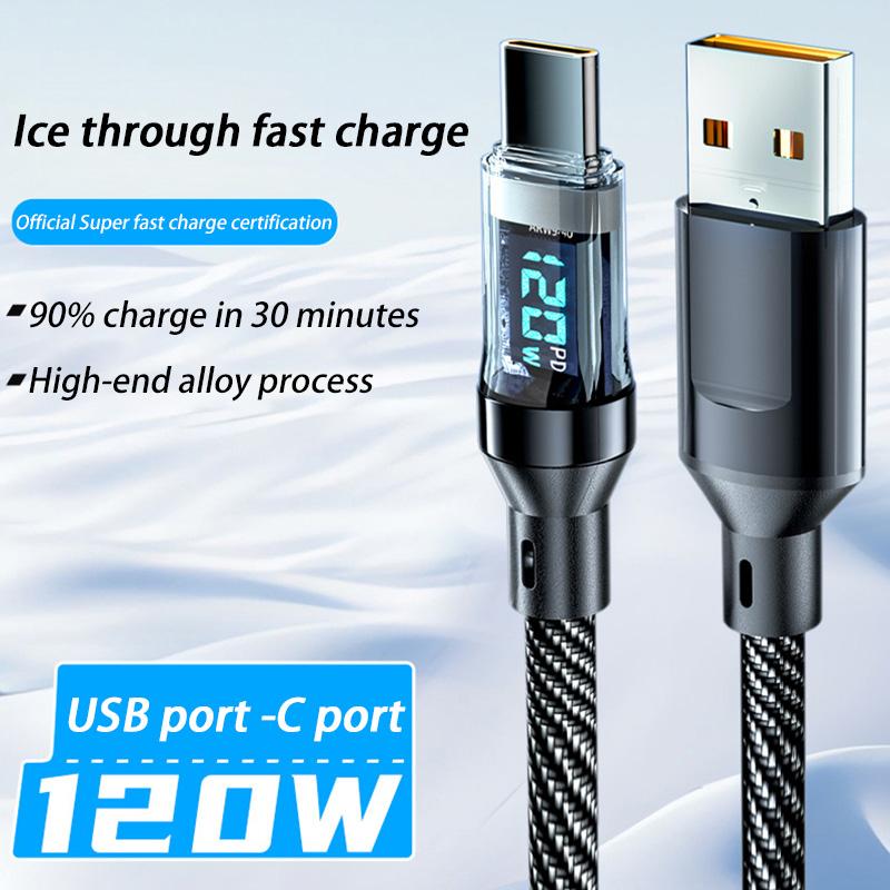 6A 120W Cable Super Fast Charge Cable USB A to Type C Nylon Data Cord With Led Digital Display Cable For Xiaomi 17 POCO Samsung