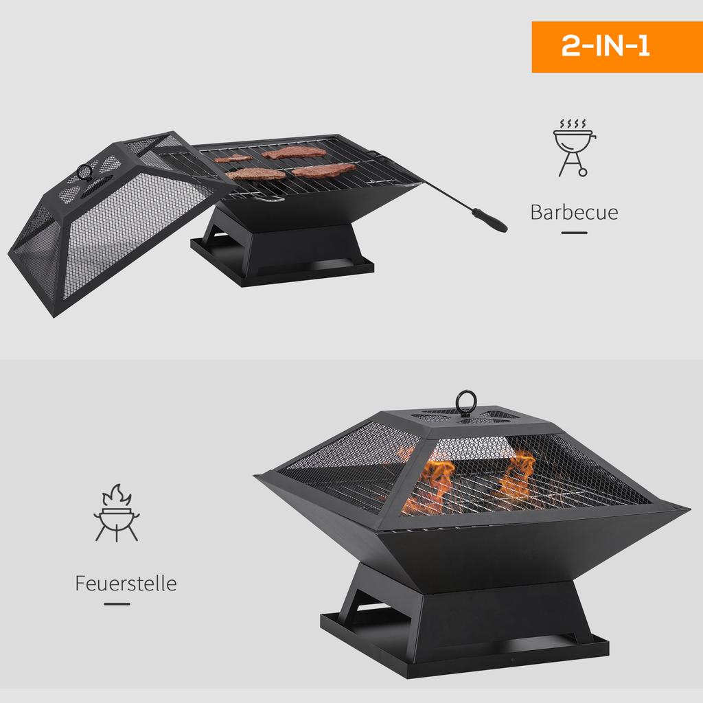 Fire Bowl 45 x 45 x 34cm Made of Stainless Steel Fire Pit with Spark Guard Poker Fire Bowls Fire Basket for Garden, Balcony, BBQ Camping Black