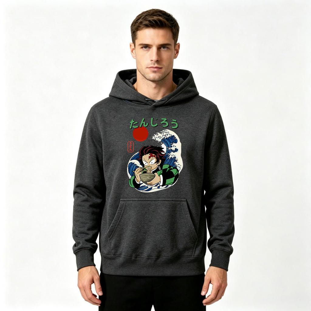 Men's Print Pullover Hoodie, Cartoon Anime Character Eat Noodle Great Wave Pattern Casual Hooded Sweatshirt