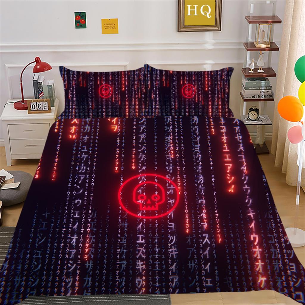 3D Horror Patterned Printed Bedding Set with Skull Head Pattern Down Duvet and Pillowcase 2/3 Pieces Halloween Festive Atmosphere Home Decoration