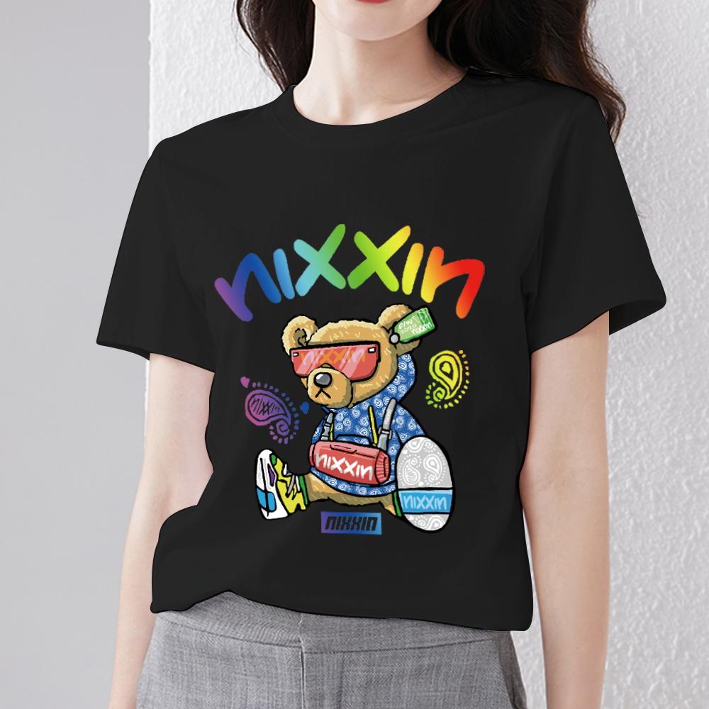 Летние женские футболки Kawaii с рисунком плюшевого мишки, женские топы, женские черные универсальные футболки с круглым вырезом и короткими рукавами, одежда