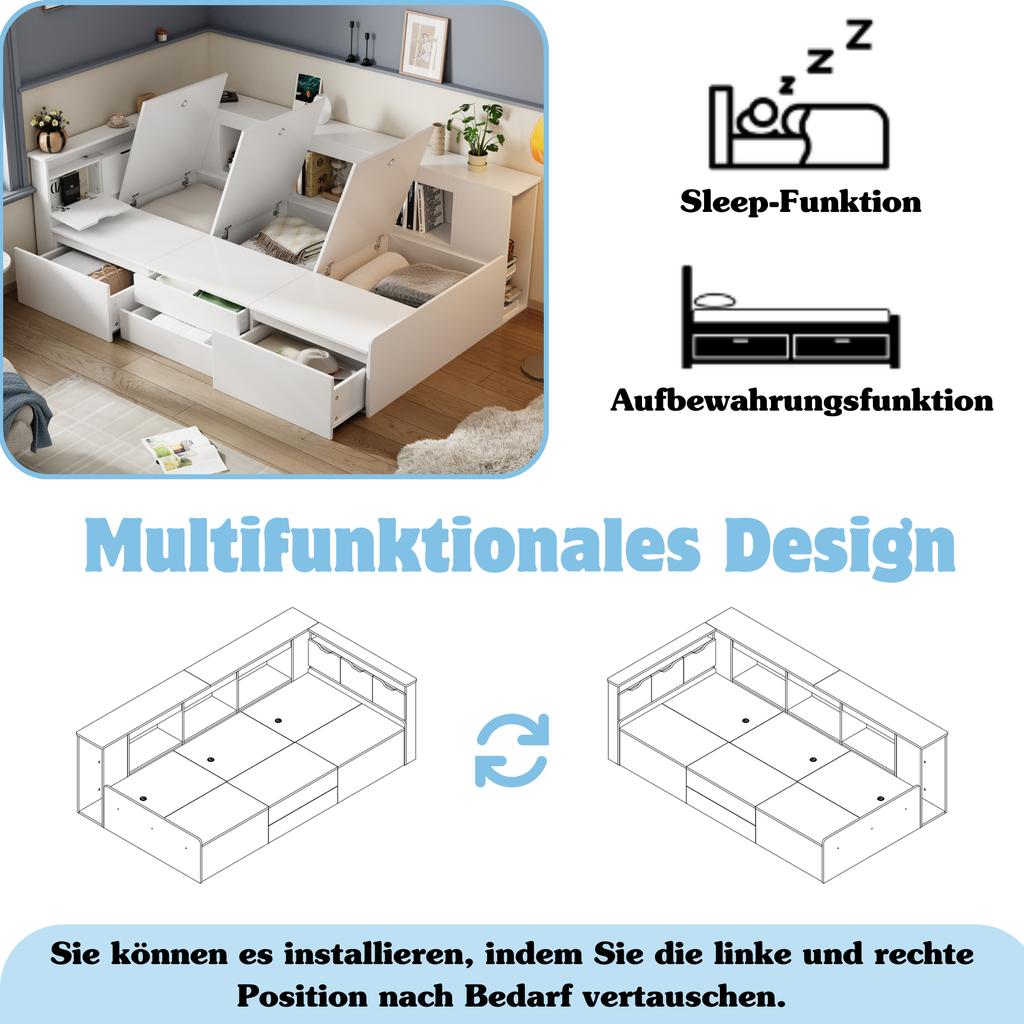 Children's Bed, 90*200cm, Single Bed, Multifunctional Bed with Drawers, Bookshelf and Storage Cabinet, Bed Box, without Mattress, White