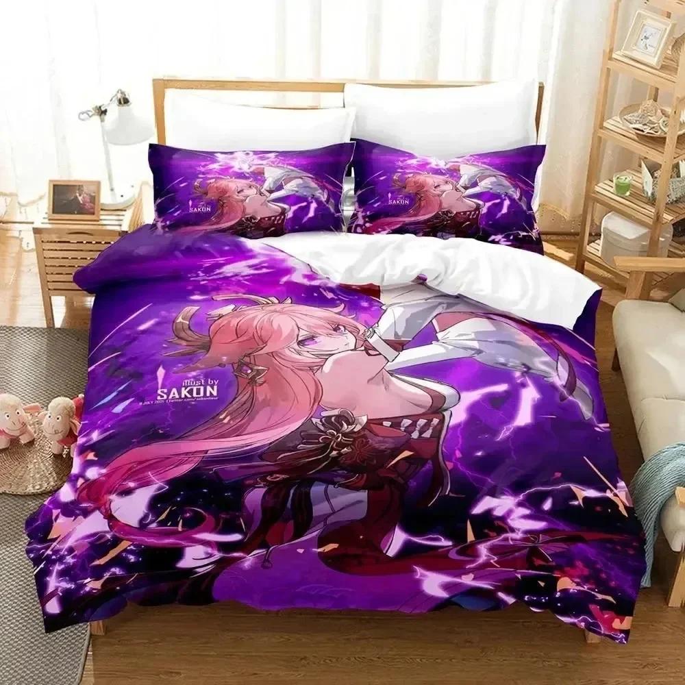 Luxury New 3D Print Anime Genshin Impact Yae Miko Game Bedding Set Duvet Cover Bed Set Quilt Cover Pillowcase Queen Boys Adult