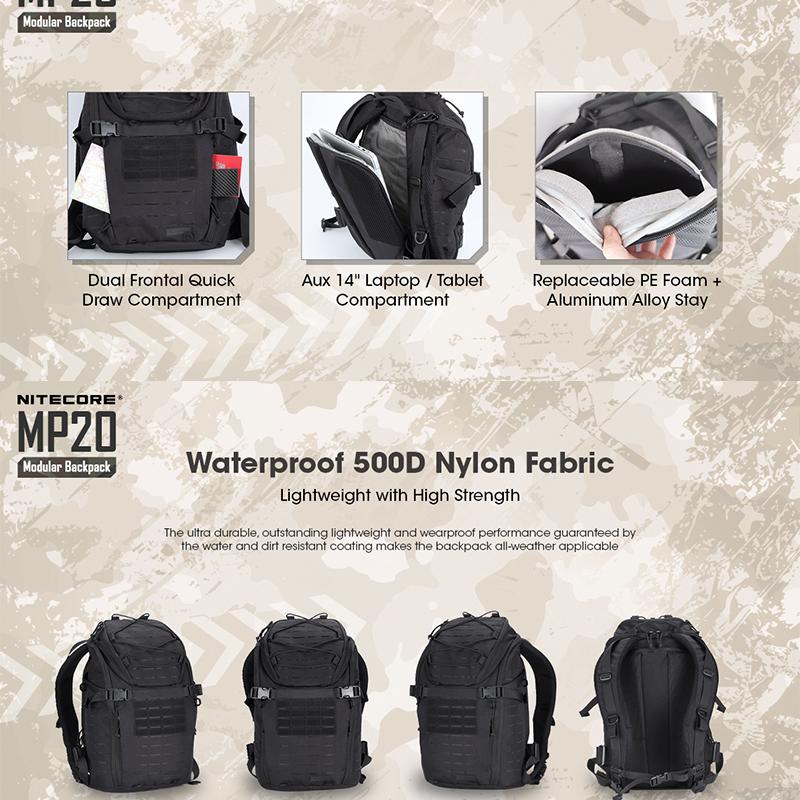 NITECORE Модульный расширяемый рюкзак MP20 емкостью 20 л, водонепроницаемый, дышащий нейлон 500D, S-образные плечевые ремни