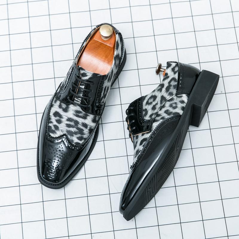 Men Big Size Leopard Print Formal Lace-Up Brogue Shoes Wedding Groom Business Dress Shoes Comfortable Leather Wedding Party Shoe