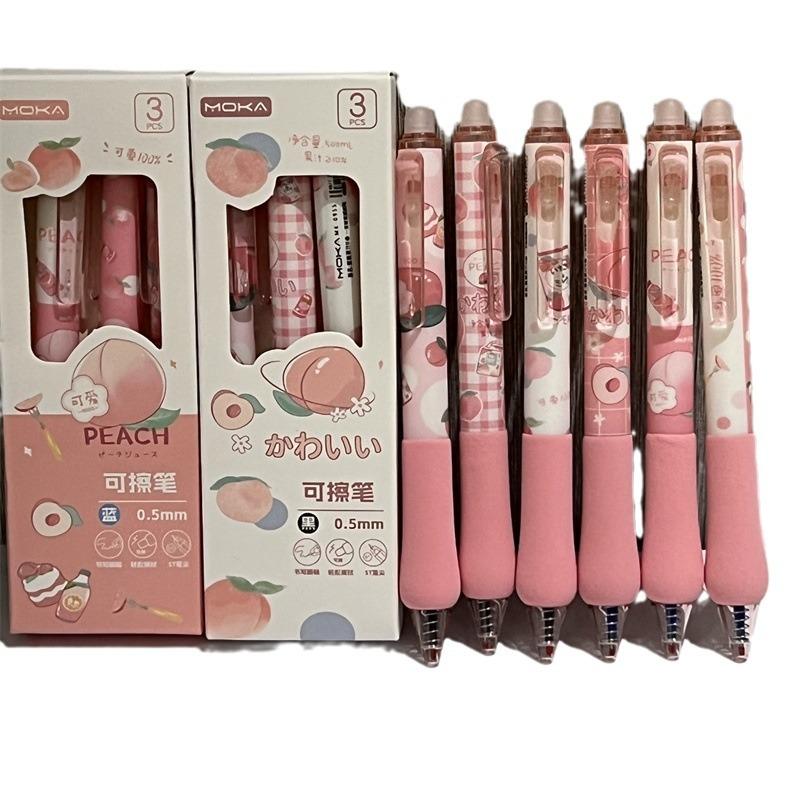 3pcs/set Cute Erasable Click Pen Pastel Kawaii Press 0.5mm Black Blue Ink Pen with Soft Grip Peach Juice Color Study Supplies