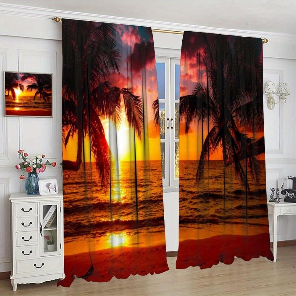 2pcs Tropical Sunset Blackout Curtains - Vibrant Palm Tree & Ocean View, Semi-Sheer Privacy Drapes for Living Room & Kitchen, Ea