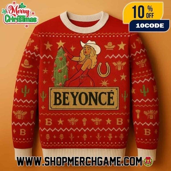 Beyonce Red Cowboy Christmas Ugly Sweater With Horseshoe Western Holiday Unisex T-Shirt