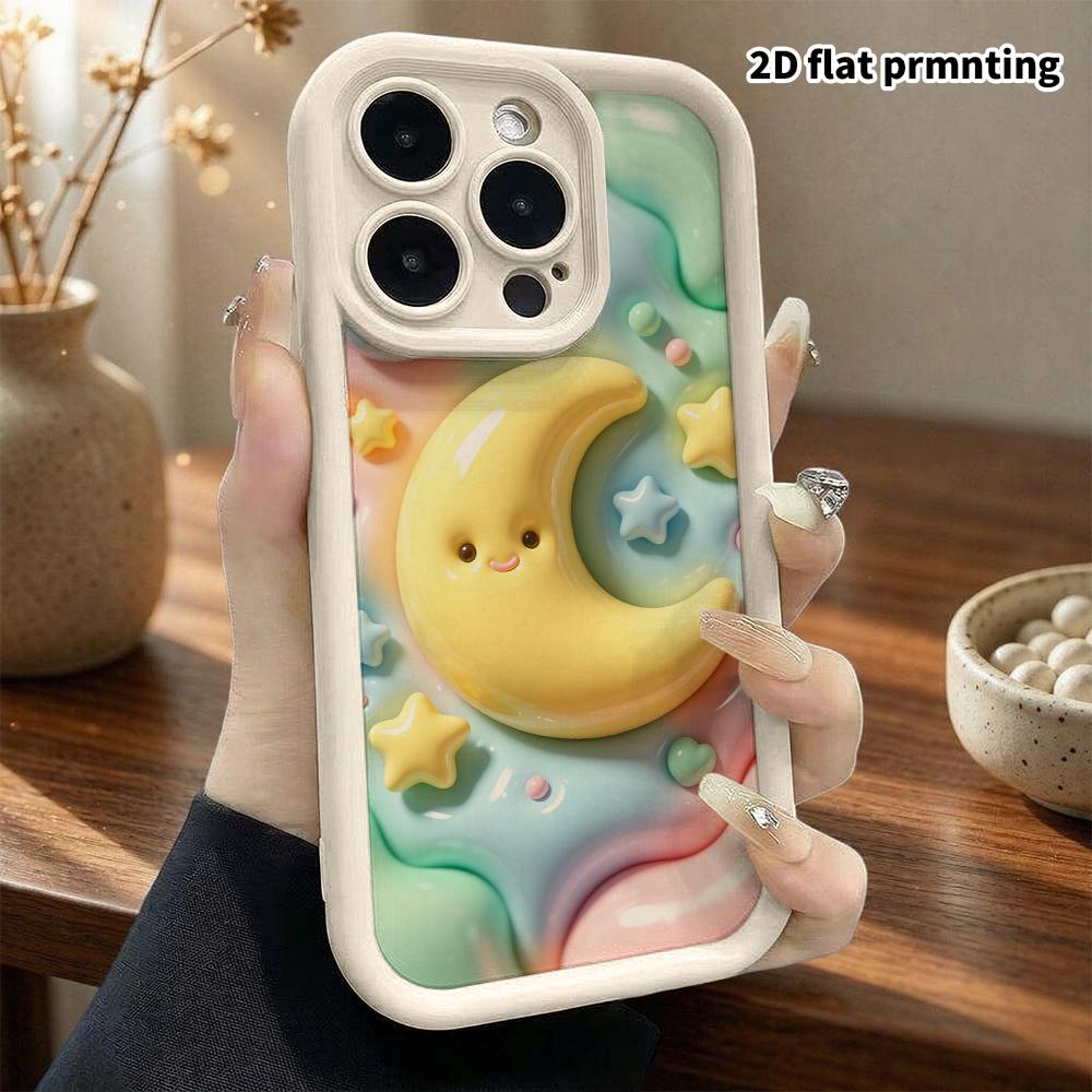 Phone case: 2D flat design suitable for iPhone 18 17 16 15 14 13 Pro protective case, smiley face crescent moon, perfect Christmas and Halloween holid