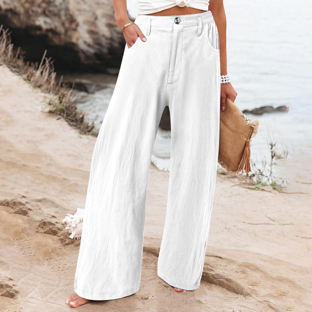 Summer Cotton Linen Wide Leg Pants Women Loose Palazzo Pant Pocket Elastic Waist Button Casual Pants