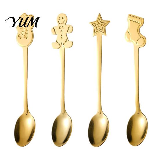Coffee Bar Accessories 4Pcs Christmas Dessert Spoons, Stainless Steel Spoons with Gingerbread Small for Cakes Yogurt Man Star Stocking Snowman Handle,