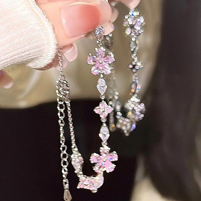Exquisite Pink Flower Bracelets For Women Girls Sweet Sparkling Light Luxury Bracelet Party Jewelry Gift