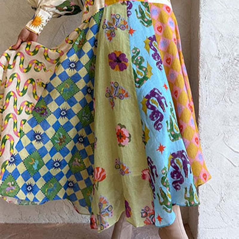 Европейско-американская женская мода длинное платье с принтом и рукавами-фонариками, V-образным вырезом, завязывающимся на талии, отложным воротником, длинным рукавом